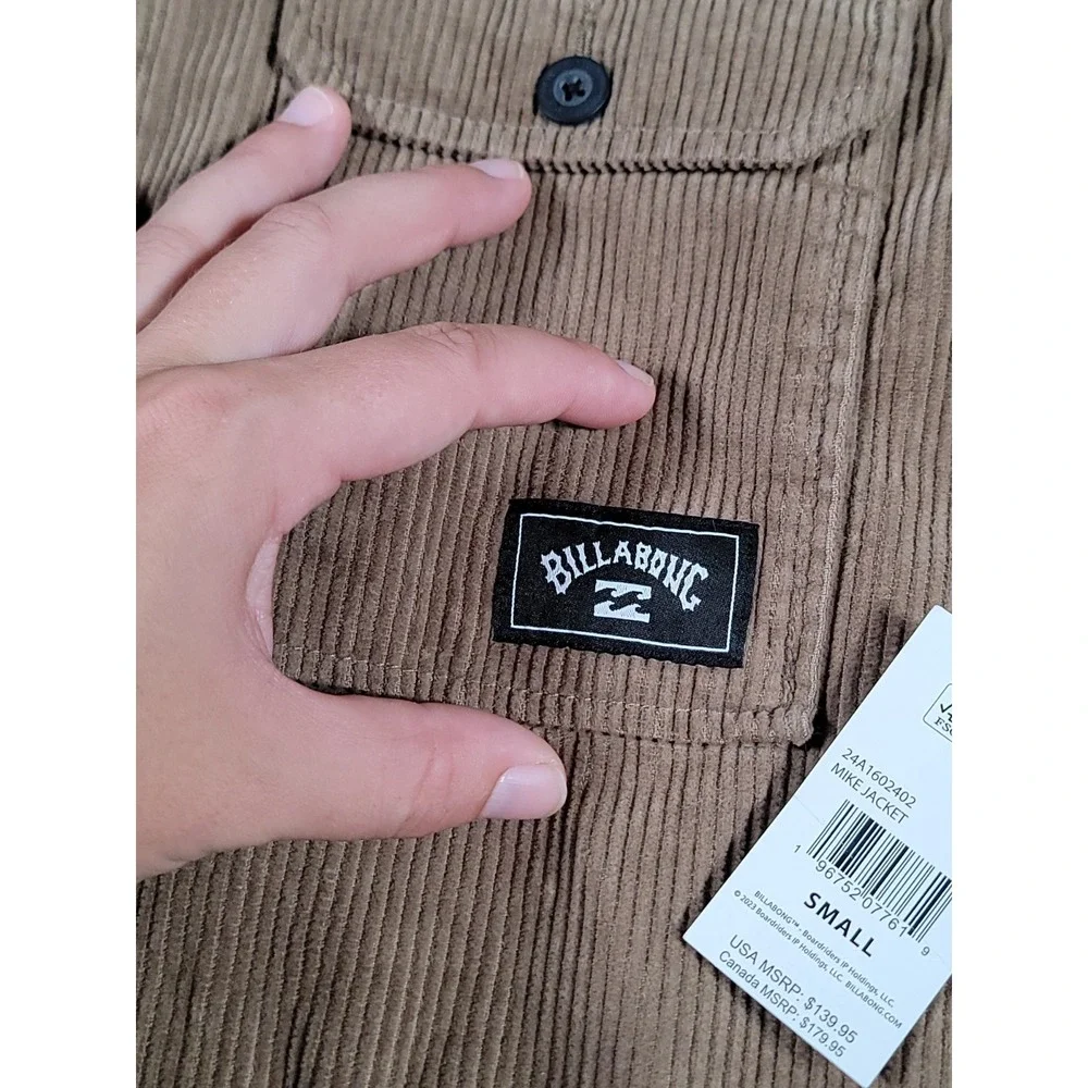 Billabong Corduroy Jacket Small Tan Mens Full Zip Skate Surf Pockets NWT $140